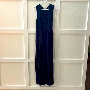 Long navy blue dress.